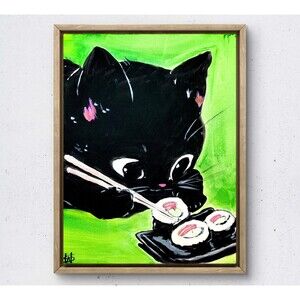 WS original sushi cat painting 14X11 canvas acrylic neo expressionism modern art